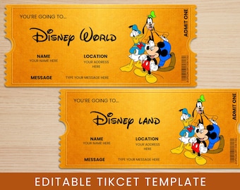 Redigerbar Disney-biljettmall | Överraskningsavslöjande för semester | Canva Disneyland- och Disney World-biljett | Utskrivbar present i PDF-format, PNG