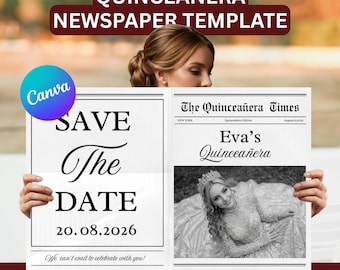 Mall för tidningsinbjudan till Quinceañera-festen, redigerbar Canvas-design för Sweet 15 (digital nedladdning)