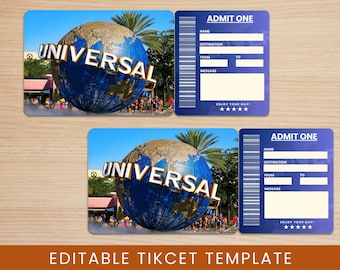 Redigerbar överraskningsbiljett till Universal Studios | Överraskningsresepresent till boardingkort (PDF, PNG)