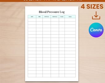 Blodtryckstabell PDF | Utskrivbar blodtryckslogg | Redigerbar blodtrycksmätare i Canva | Daglig blodtryckstabell | Medicinsk mätare