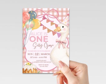 Mall för inbjudan till 1-årsdag med One Silly Goose, mall för rosa pastellfärgad tjejfest (digital nedladdning)