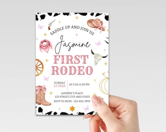 Inbjudan till första Rodeo-födelsedag, rosa cowgirl Canva-mall (digital nedladdning)