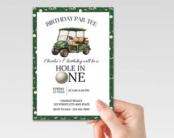 Inbjudan till golfens första födelsedag, inbjudan till hole-in-one par-tee, redigerbar Canvas-mall för nedladdning