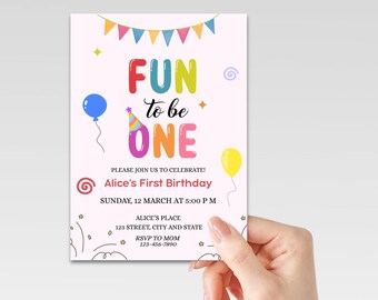 Inbjudan till "Fun to Be One"-födelsedag, färgglad inbjudan till barnens första födelsedagsfest (digital nedladdning)
