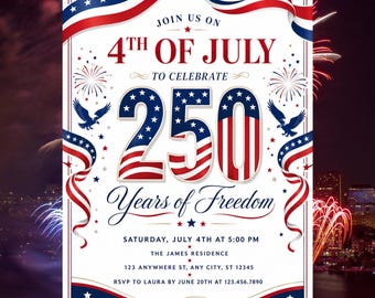 Inbjudan till USA:s 250-årsjubileum, mall för patriotisk 4 juli-fest (digital nedladdning)