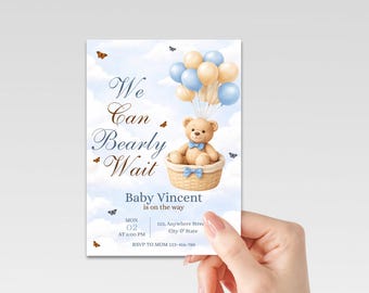 Inbjudan till babyshower med nallebjörn, redigerbart 5x7-kort (Canva-mall, digital nedladdning)
