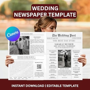 May include: A wedding newspaper template with the headline "The Best Day Ever!" and the names "Sarah & Methew." The design includes sections for the wedding party, ceremony, and a word search. The template is editable and available for instant download.
