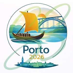 Może przedstawiać: Okrągła grafika z ilustracją łodzi z żółtym żaglem, mostem i napisem "Porto 2026". Projekt zawiera panoramę miasta na dole i słońce. Obraz jest na tle wody i wzgórz.