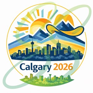 May include: Circular graphic featuring a cityscape silhouette, mountains, and a sun. A cowboy hat floats above the mountains. The text "Calgary 2026" is displayed in blue and orange.