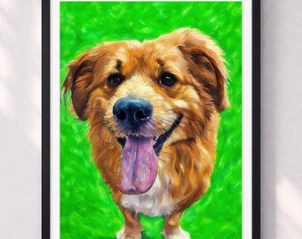 Puede incluir: Pintura enmarcada de un perro sonriente con pelaje marrón, nariz azul y lengua rosa. El perro está sobre un fondo verde brillante. La obra de arte está en un marco negro.