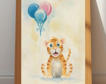 Decorazione murale stampabile con tigre, acquerello di animali del safari, decorazione per la cameretta del bambino, download digitale