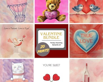 Paquete de arte de pared para galería de San Valentín, juego de 20 impresiones, decoración romántica imprimible, descarga digital