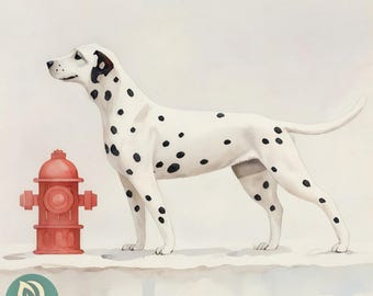 Arte de pared imprimible de dálmata e hidrante, ilustración de perro en acuarela, descarga digital