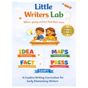 Pode incluir: Um cartaz educativo colorido intitulado "Little Writers Lab" com ilustrações de crianças a escrever. O cartaz inclui texto sobre escrita de opinião, narrativa, informativa e persuasiva. É um currículo de escrita criativa para jovens alunos.