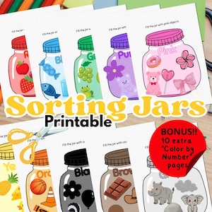 Puede incluir: Un conjunto de botes de clasificación imprimibles con ilustraciones coloridas y el texto "Sorting Jars Printable". Cada bote está etiquetado con un color y lleno de objetos relacionados. Incluye un bono de 10 páginas de "Colorear por números".