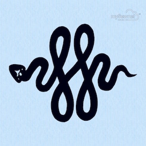 May include: Black snake illustration on a light blue background. The snake's body forms a stylized, symmetrical design with looped segments. The snake's head is visible on the left side of the design.