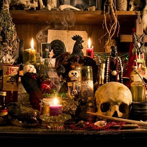 May include: A dimly lit display of occult items, including skulls, candles, and bottles. A black rooster statue and a skeleton figurine are also present. The scene evokes a mystical or spiritual theme.