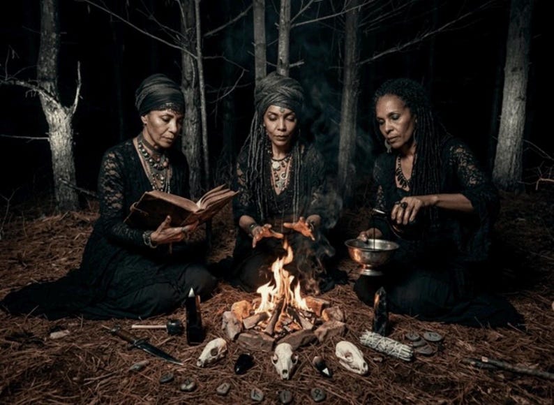 May include: Three people in black attire gather around a campfire in a forest. One reads a book, another stirs a bowl, and the third appears to be casting a spell. Skulls, candles, and runes surround the fire, creating a mystical scene.