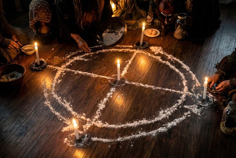 May include: A ritual scene with a circle drawn on a wooden floor, illuminated by lit candles. People are gathered around the circle, some holding bowls. The scene is dimly lit, creating a mysterious atmosphere. The circle is made of a white powder.