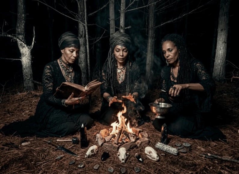 May include: Three women in black attire gather around a campfire in a forest. One reads a book, another stirs a bowl, and the third appears to be casting a spell. Skulls, candles, and runes surround the fire, creating a mystical scene.