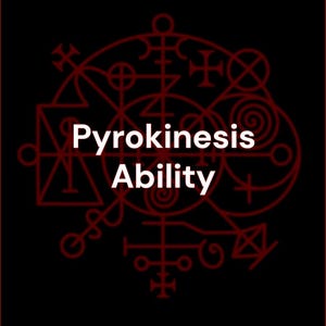 Puede incluir: Un fondo negro con un borde rojo y un complejo diseño geométrico rojo. Las palabras "Pyrokinesis Ability" están escritas en blanco, centradas en el diseño. La estética general es mística.