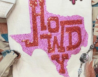 Howdy Texas Sequin Patch | Pink Glitter Chenille Western Apparel (12")