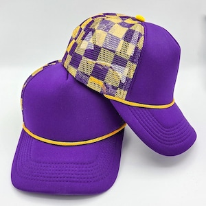 Purple & Gold Checkered Foam Trucker Hat, Blank Trucker Hat for Patches, Adjustable Foam Cap, Boutique Hat