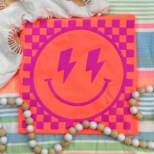Checkered Happy Face Pink Puff Screen Print Transfer, High Heat Screen Printing, Iron On Transfer, Ready to Press Trendy Patch