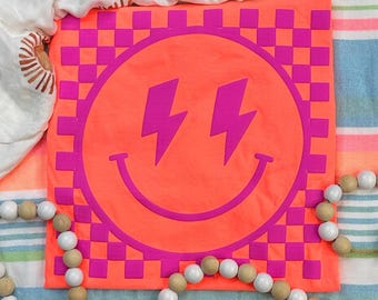 Checkered Happy Face Pink Puff Screen Print Transfer, High Heat Screen Printing, Iron On Transfer, Ready to Press Trendy Patch