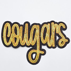 Cougars Gold Sequin & Black Glitter Mascot Hat Patch, Iron On Patch Glitter Applique, Diy Patch Sequin Applique, Glitter Embroidery For Hats