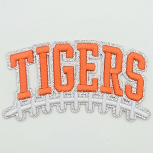 Tigers Football Puff Embroidered Hat Patch, Iron On Patch, Orange & Silver Glitter, Trucker Hat Patch Ready to Press, Team Spirit Accessory