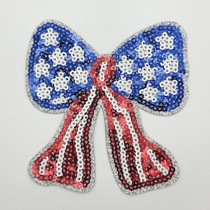 Patriotic Bow Sequin Hat/Pocket Patch, Iron On Patch Glitter Applique, Sequin Applique Glitter Embroidery Patch For Hats