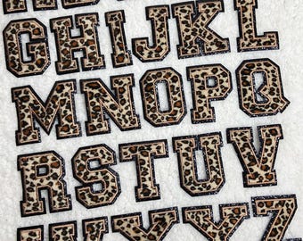 Leopard Chenille Varsity Letter Patch with Black Glitter, Alphabet Iron On Patch, Embroidered Letter Applique for Apparel, Bags, and Hats