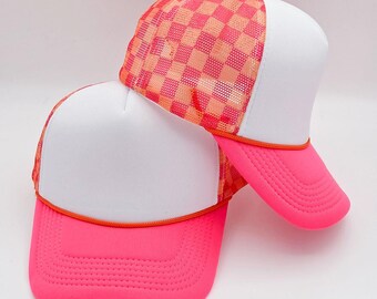 Neon Pink, Orange & White Checkered Foam Trucker Hat