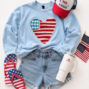 Heart American Flag Fluffy Patch, Iron On Chenille Patriotic Patch, Stars and Stripes 4th of July Apparel Patch