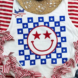 Happy Face Red Puff Blue Stars Screen Print Transfer, High Heat Screen Printing, Iron On Transfer, Ready to Press Trendy Patch