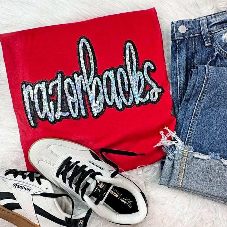 Razorbacks Sequin Patch, red clothing item with sparkling embroidered Razorbacks logo.