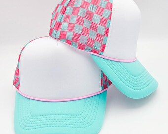 Neon Pink, Aqua & White Checkered Foam Trucker Hat