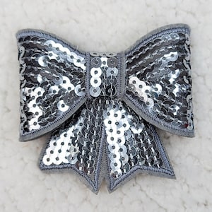 All Antique Silver Bow Sequin Hat/Pocket Patch, Iron On Patch Glitter Applique, Diy Patch Sequin Applique, Glitter Embroidery For Hats