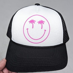 Happy Face Palm Trees Pink Puff Hat/Pocket Screen Print Transfer, High Heat Screen Printing, Iron On Transfer, Ready to Press Trendy Patch