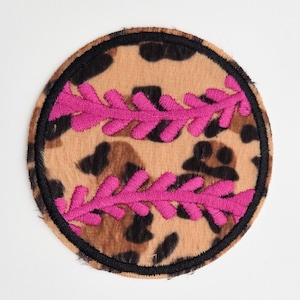 Fuzzy Leopard Softball Embroidered Hat Patch, Pink Chenille Iron On Patch for Hats, Boutique Hat Bar Patch, Softball Mom Gift