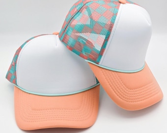 Peach Mint Checkered Foam Trucker Hat, Blank Trucker Hat for Patches, Adjustable Foam Cap, Boutique Hat