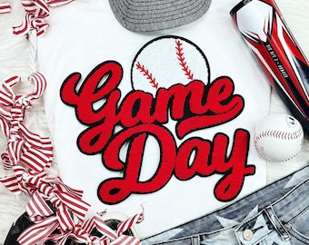 Baseball Game Day Chenille Patch, Red Iron On Appliques for Hats, Apparel