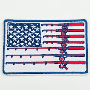 American Flag Fishing Rod Patch Embroidered Hat Patch, Patriotic Fishing Iron On Patch for Hats, Fishing Gift for Dad, USA Angler Patch 4"