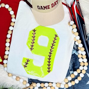 Softball Number Sequin Patch, bright yellow sequined number 9 with red stitching details.