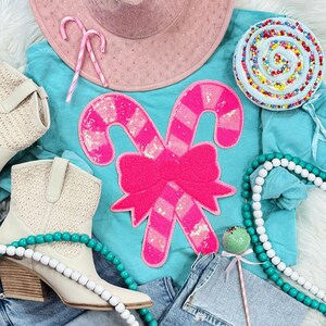 Double Pink Candy Canes with Bow Sequin Patch, Iron On Patch Glitter Applique, Diy Patch Sequin Applique, Glitter Embroidery For Apparel