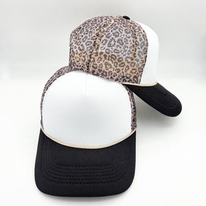 Leopard Print Black Bill Foam Trucker Hat, Blank Trucker Hat for Patches, Adjustable Foam Cap, Boutique Hat