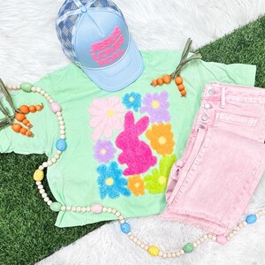 Fluffy Easter Bunny Chenille Patch, Bunny Flower Iron On Patch, Cute Spring Applique, DIY Clothing Patch for Tees, Jacket, Bag