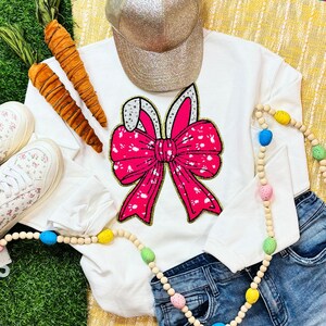 Pink Bunny Ears Bow Sequins Patch, Glitter Rabbit Applique, Easter Iron On