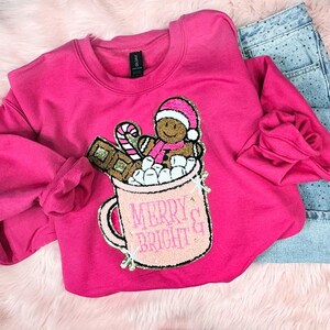 Coco Cup Chenille Patch, Iron On Patch with Glitter Applique for Christmas Apparel, Holiday Sweatshirts, Jackets and DIY Patch Projects